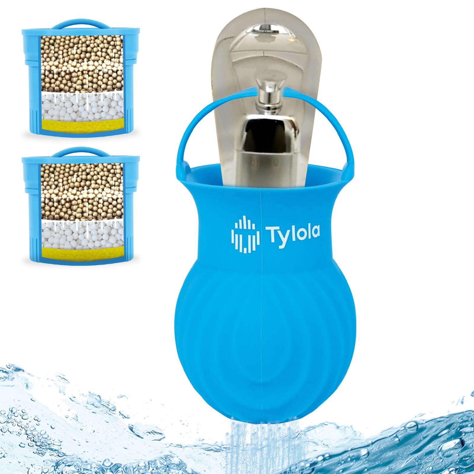Hard Water Bath Tap Filter – Reduces Chlorine, Limescale, Heavy Metals – Tylola Series 1 with KDF55 High-Density Filter Media – Soothes Sensitive Skin & Improves Hair Feel – 1 Bath Ball + 2 Cartridges
