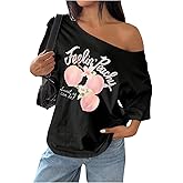 SOLY HUX Women's Graphic Tees Off The Shoulder Short Sleeve Oversized T Shirt Vintage Summer Tops