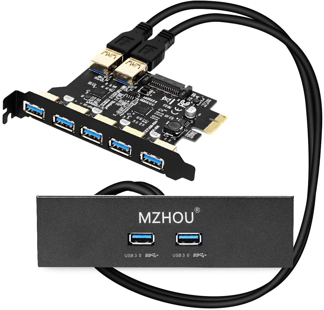 MZHOU PCI-E 7 Port USB 3.0 Extension Card with 19 Pin SATA Power Connector High Speed Up to 5Gbps, Front Panel and 1 Power Cables, for Win7/8/10
