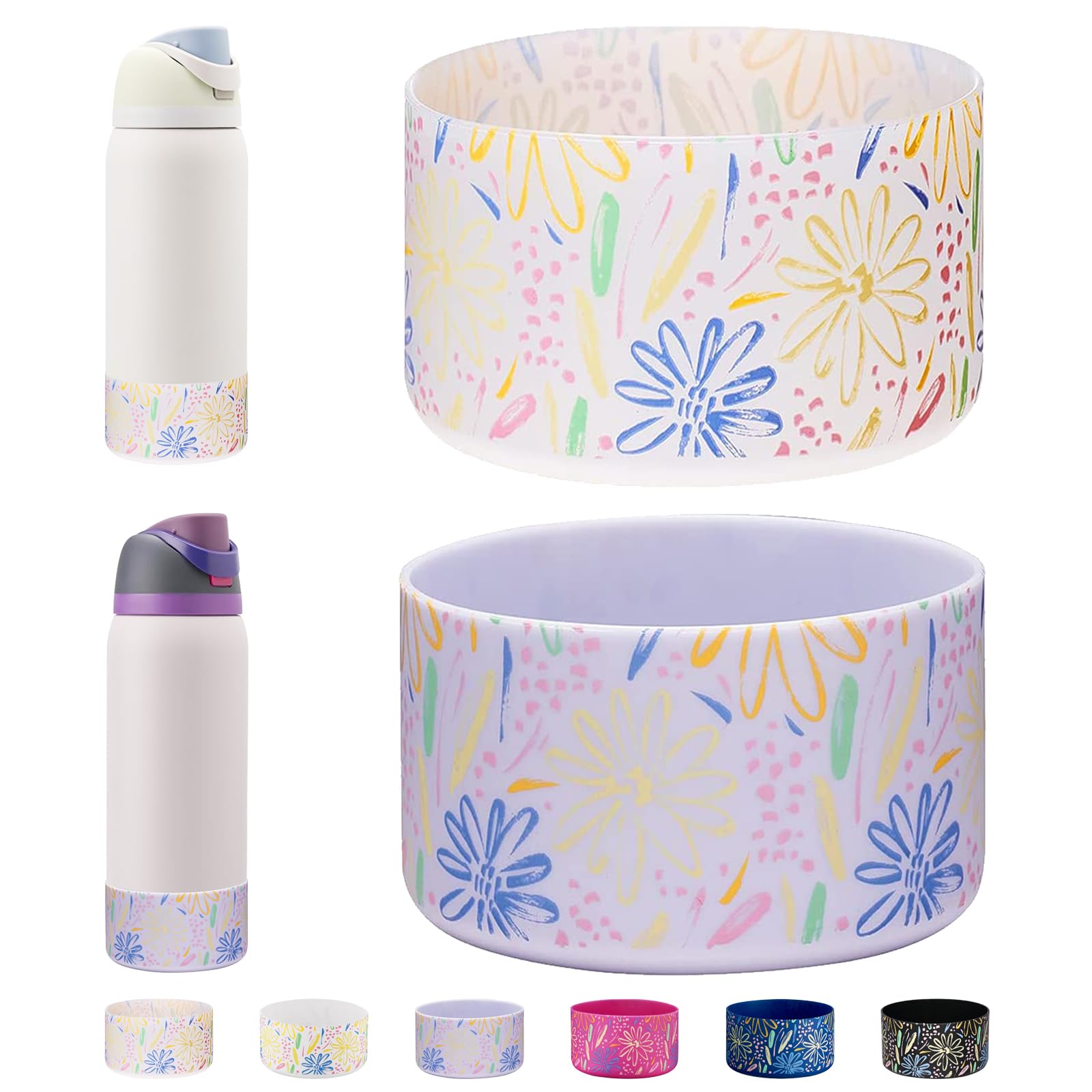 WK IEASON 2Pcs Silicone Water Bottle Boot for Owala 32oz, Protective Flask Bottom Cover Base for Owala FreeSip Twist and Flip Flask Bottles (Floral Print Clear/Fog, 32OZ)