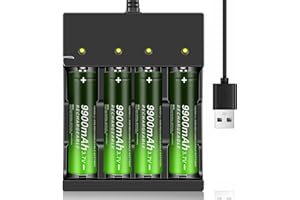 SKYWOLFEYE 4pcs Rechargeable Battery with Charger 4 Slot, USB Universal Charger for 3.7V Rechargeable Batteries 18500 I865O (Button Top Type)