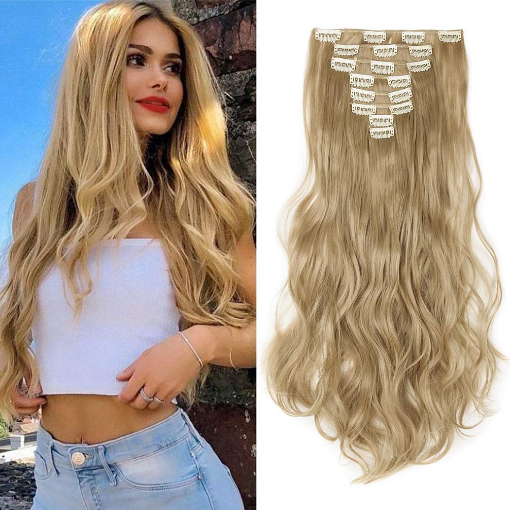 8Pcs 18Clips Full Head Clip in Hair Extensions Long Curly Synthetic Thick Hair Extension Ombre Wavy Hairpiece for Women 24" Ash Blonde