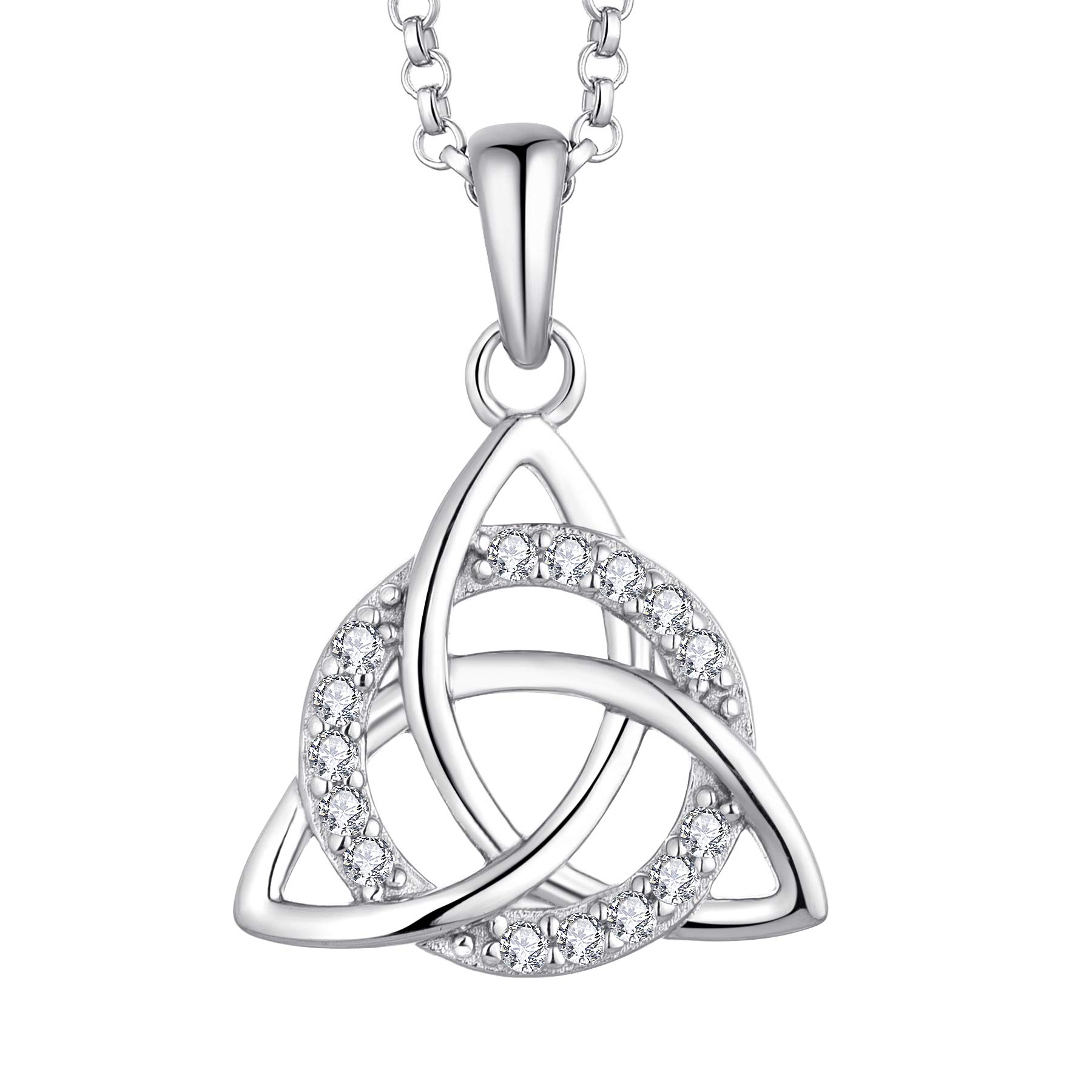JO WISDOM Women Necklace,925 Sterling Silver Irish Triquetra Celtic Knot Trinity Pendant Necklace with 3A Cubic Zirconia,Jewellery for Women