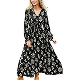 CUPSHE Women Floral Maxi Fall Dress V Neck Long Puff Sleeve Smocked Waist Ruffle Flowying Casual Festival Autumn Dresses