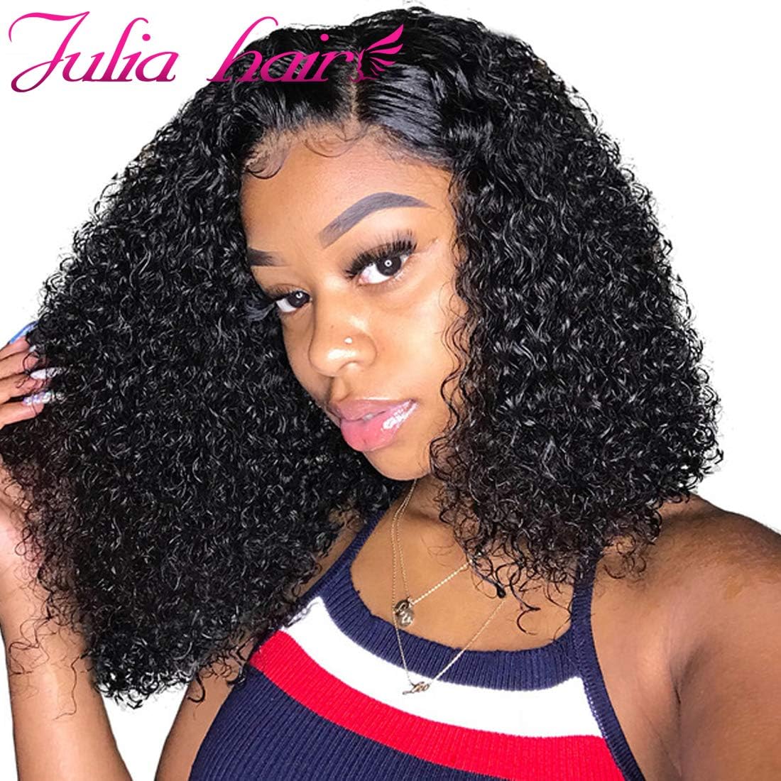 Ali Julia Hair 10A Curly Bob Wig Lace Front Human Hair Culy Wigs 180% Density,13x4 Lace Pre Plucked with Baby Hair Malaysian Virgin Curly Hair Wigs Natural Black Color 12inch