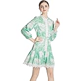 LAI MENG FIVE CATS Women's Puff Sleeve Floral Print Ruffle Casual Lace Trim Swing Mini Dress