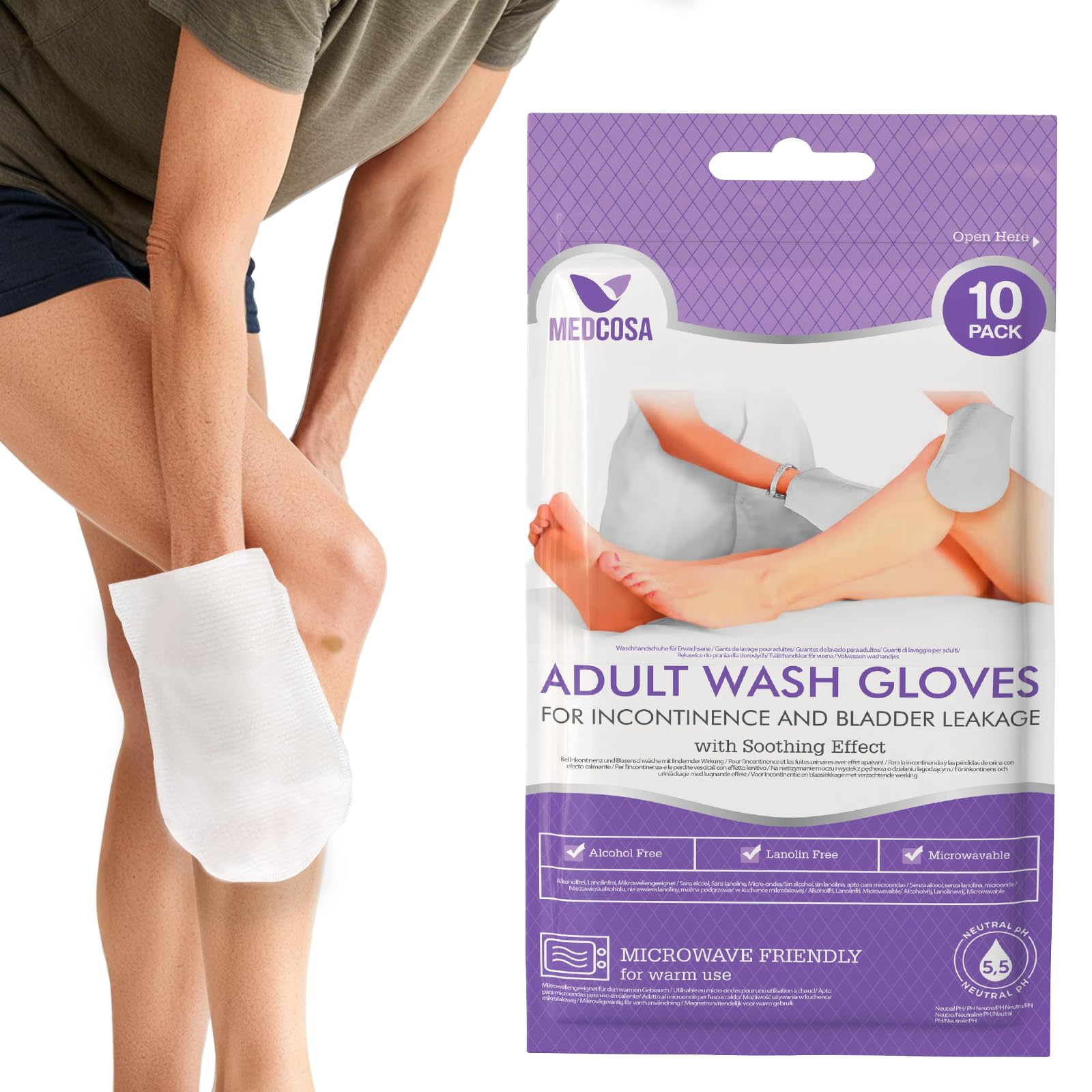 Medcosa Adult Body Wipes - Wet Wipes for Adults - Intimate Disposable Shower Body Wipe Shaped Like a Glove - Unscented Premoistened - Bed Bath Wet Wipe - Pack of 10 Wash Cloths