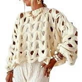 Perbai Womens Hollow Out Sweater Crew Neck Long Sleeve Oversized Crochet Knit Summer Coverup Crop Top