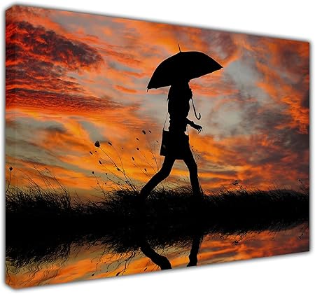 Grande Tela Immagini Skyline Di Donna Con Ombrello Passeggio Sotto La Pioggia Sunet Arte Stampe Di