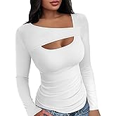 Buauty Womens Ribbed Long Sleeve Shirts Cutout Slim Fit Tee Trendy Sexy Top Fall Fashion 2024 Going Out Tshirts Y2K Clothes White