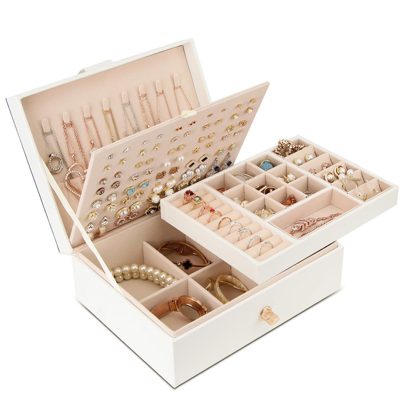 Chelory Jewellery Box Organiser for Women Girls, 3 Layer Large Jewellery Storage Case for Rings Earrings Necklace Bracelets Faux Leather Jewelry Gift Box (White)