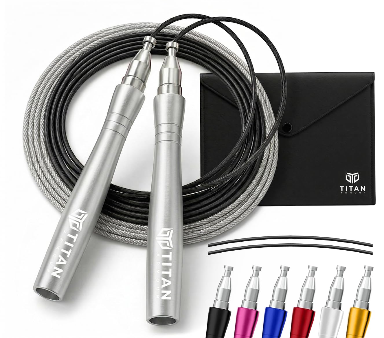 Titan Armour® Self-Locking & Adjustable, Adult Speed Skipping Rope | 2 x Steel Ropes 2.5mm & 3mm Thickness & Travel Case | Pro Jump Rope: Fitness, Crossfit, Boxing, MMA | UK Brand (Silver)