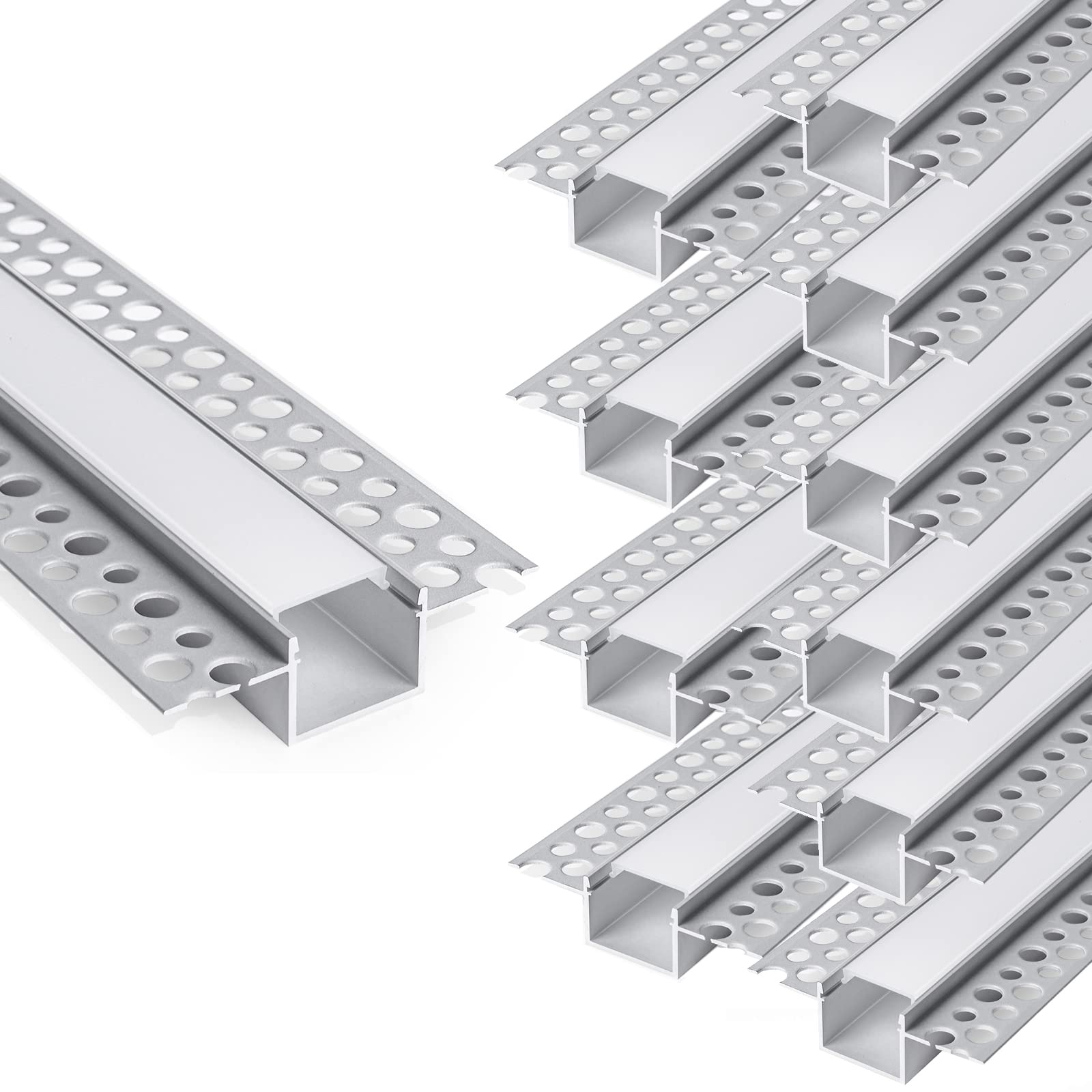 Photo 1 of hunhun 10-Pack 6.6ft/2Meter Drywall LED Aluminum Channel System with Milky Cover, End Caps and Mounting Clips, Aluminum Profile for LED Strip Light Installations (Double-Edge-6.6ft, 10)