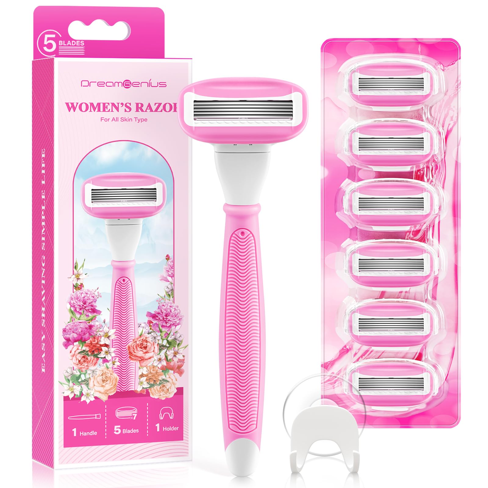 Photo 1 of Razors for Women Include 1 Non-Slip Handle and 7 Blade Refills with a Shower Holder, 5 Premium Blades Women's Razors for Shaving with 360° Lubrication Reduces Irritation, Pink