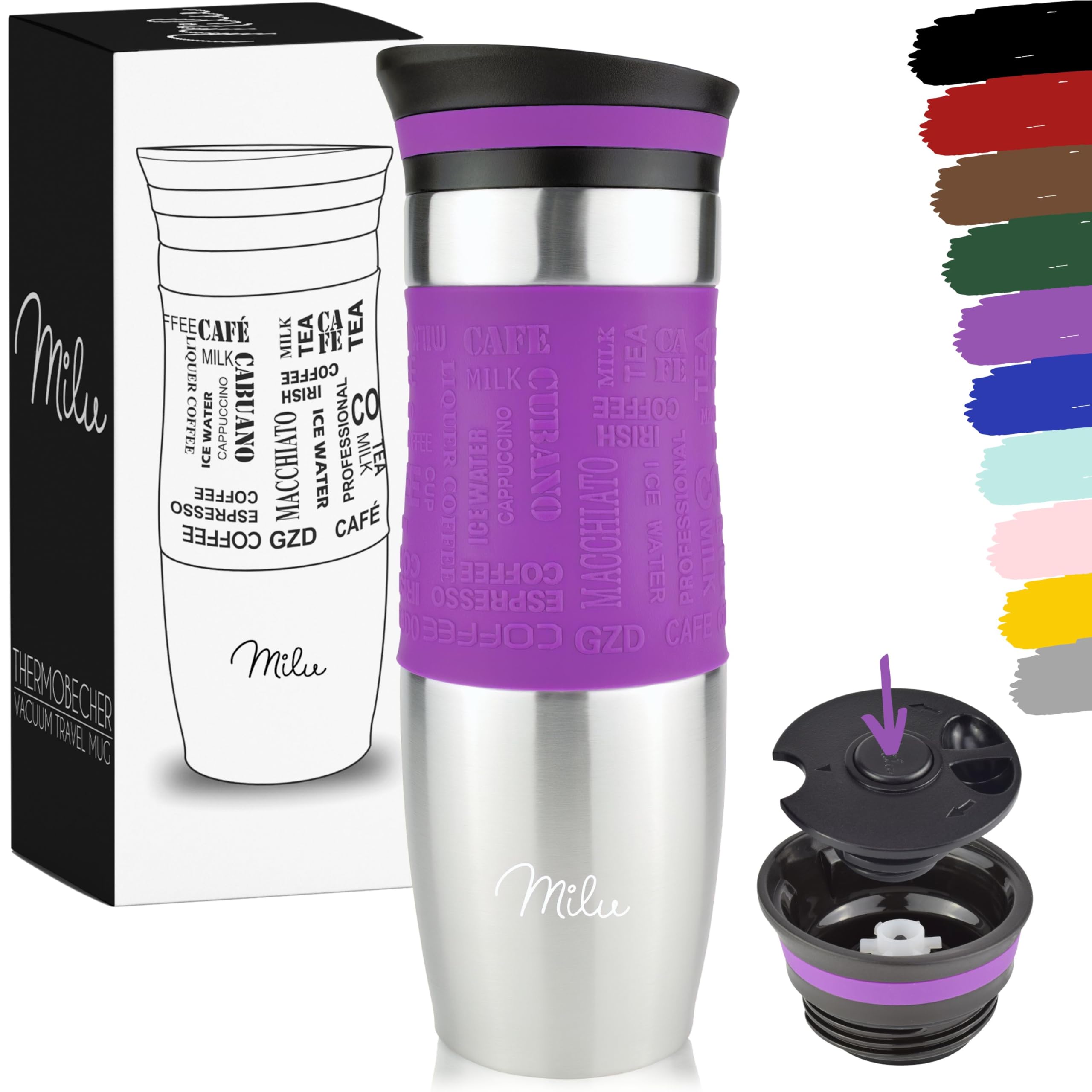 Milu Insulated Coffee Mug to Go - 450ml, 100% Leak Proof - Stainless Steel - Double Wall Insulation - Travel Mug - Purple