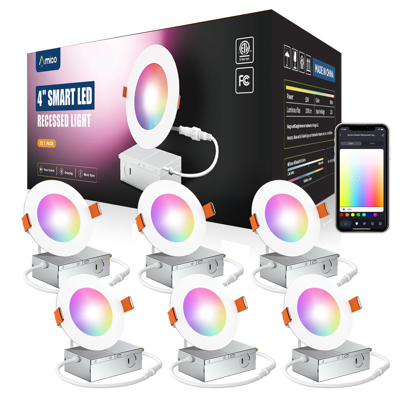 Photo 1 of Amico 6 Pack 4 Inch Smart LED Recessed Lighting, WiFi Bluetooth Canless Downlight with Junction Box, RGB & 2700-6500K Color Changing, 10W=70W 800LM, Voice&Remote&Group Control