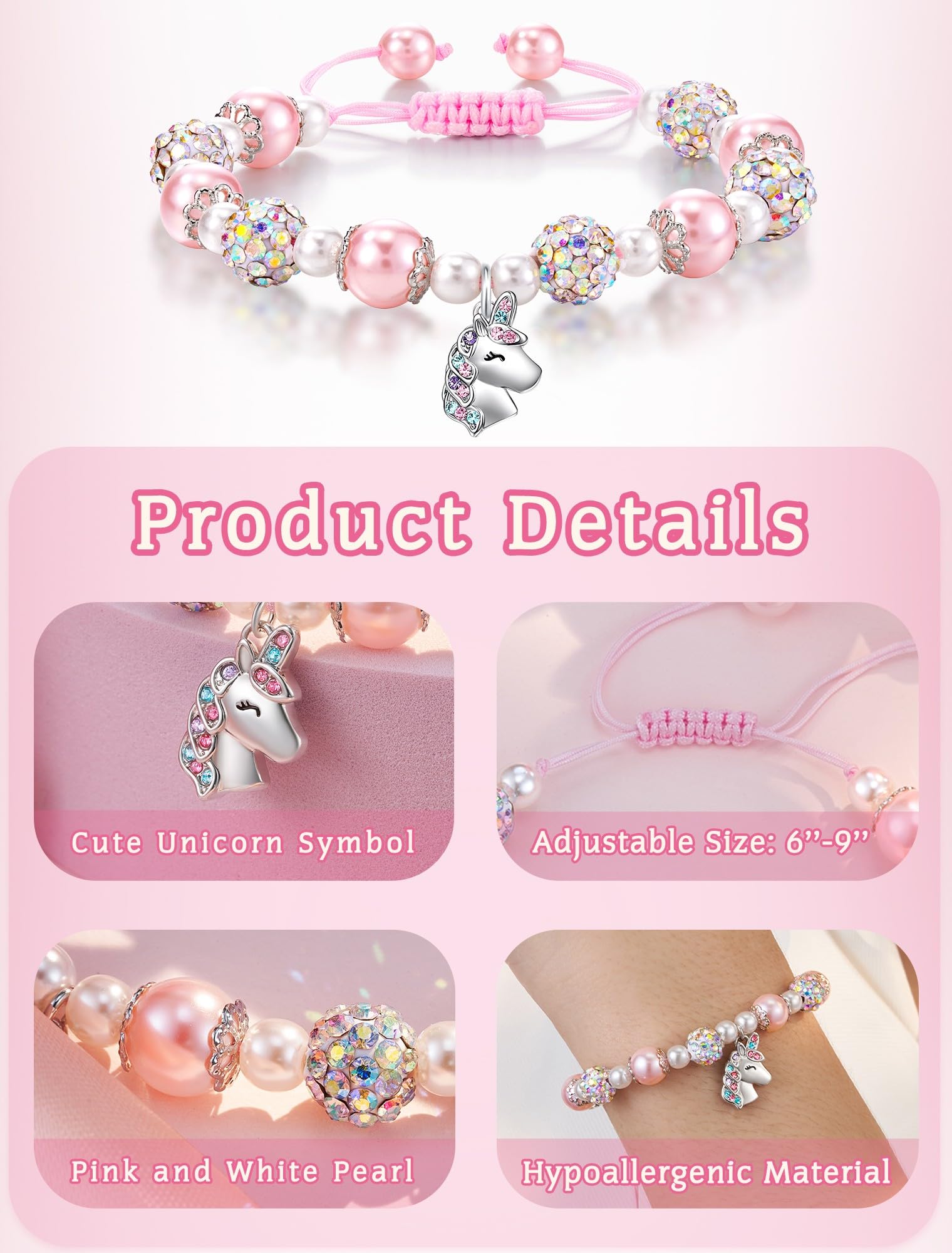 HGDEER Unicorn Birthday Gifts for Girls, Adjustable Pink Pearl Unicorn Charm Bracelet for Girls Daughter Granddaughter Niece