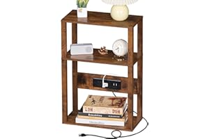 YUFAM 3-Tier Small Narrow Wood Side Table with Charging Station, Skinny Nightstand for Small Space, Slim Bedside Table with Storage for Couch, Thin End Table with USB Ports and Outlets, Rustic Brown
