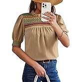 Dokotoo Summer Tops for Women Casual Crewneck Puff Short Sleeve Boho Pleated Shirts Embroidered Blouses Tunic