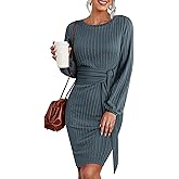 Zeagoo Women's Casual Knit Dress Fall Long Sleeve Bodycon Dress Crewneck Tie Waist Rib Knitted Sweater Dresses