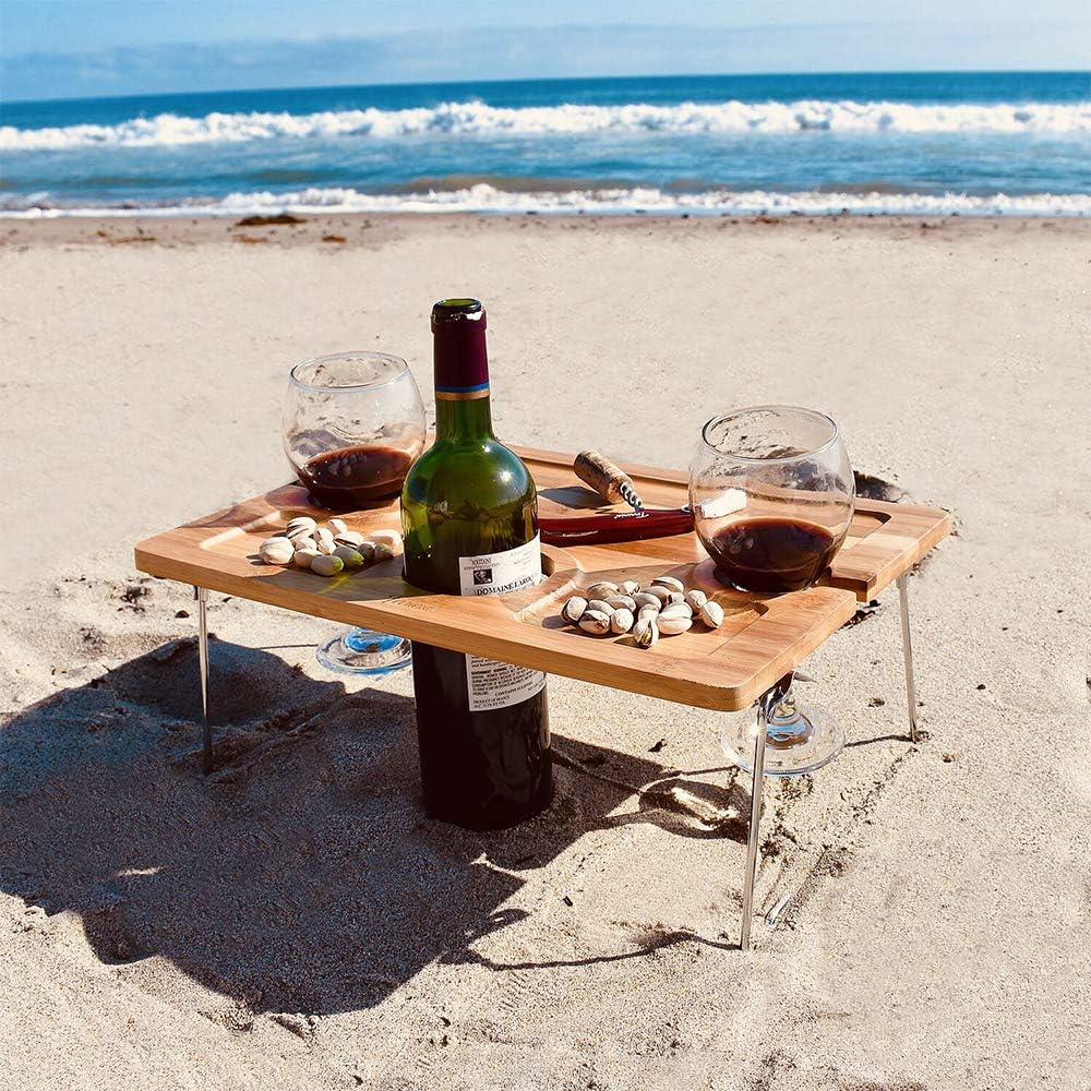 Tirrinia Outdoor Wine Picnic Table, Folding Portable Bamboo Wine Glasses & Bottle, Snack and Cheese Holder Tray for Concerts at Park, Beach, Ideal Wine Lover Gift : Garden & Outdoor