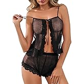 Kolagri Sexy Women Lace Pajamas Lingerie Set High Waist Sheer Sleepwear Bow Ties Cami Shorts Set