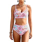 Jolefille High Waisted Bikini Sets for Women Tummy Control Swimsuit Two Piece Bathing Suit Modest Swimwear Cute Floral Teens