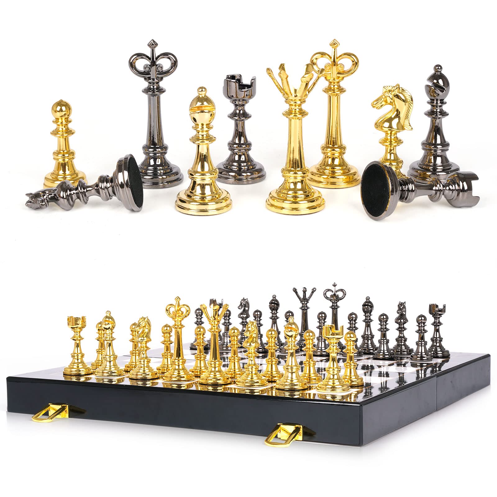 Photo 1 of Metal Chess Set and Checkers Game Set 15 inch(2 in 1) Chess Board Games for Adults Kids Metal Chess Pieces & Portable Folding Wooden Chess Board Travel Chess Sets Metal Chess Pieces with Storage Box