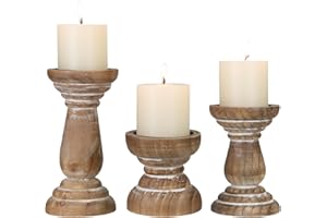 CEDARLUX Candle Holder for Pillar Candle Set of 3, Farmhouse Wood Candle Holder, Rustic Wooden Candle Stand, Vintage Small Wooden Candlestick HoldersDecorative for Living Room, Table Centerpiece (Brown)