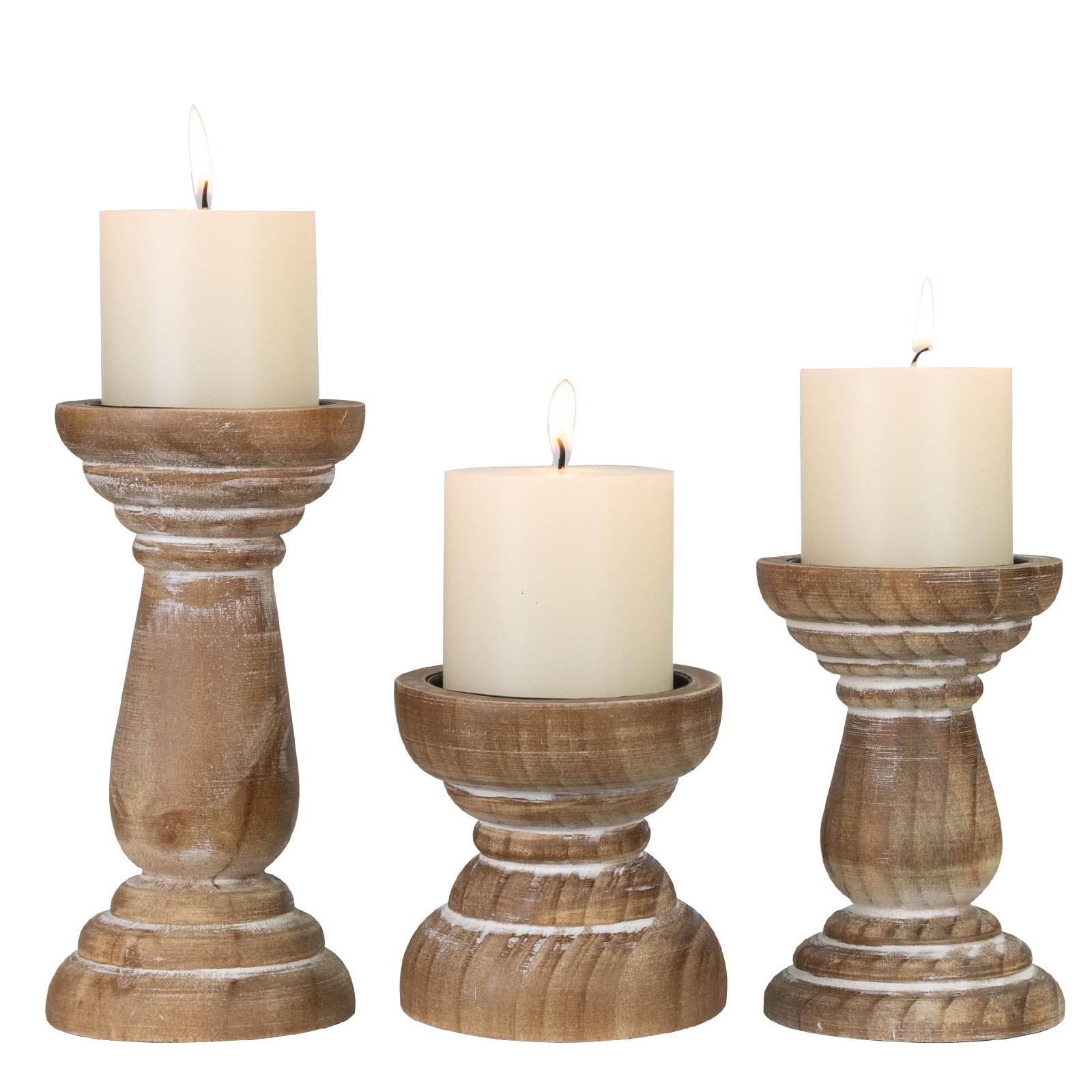 Photo 1 of Candle Holder for Pillar Candle Set of 3, Farmhouse Wood Candle Holder, Rustic Wooden Candle Stand, Vintage Small Wooden Candlestick HoldersDecorative for Living Room, Table Centerpiece (Brown)