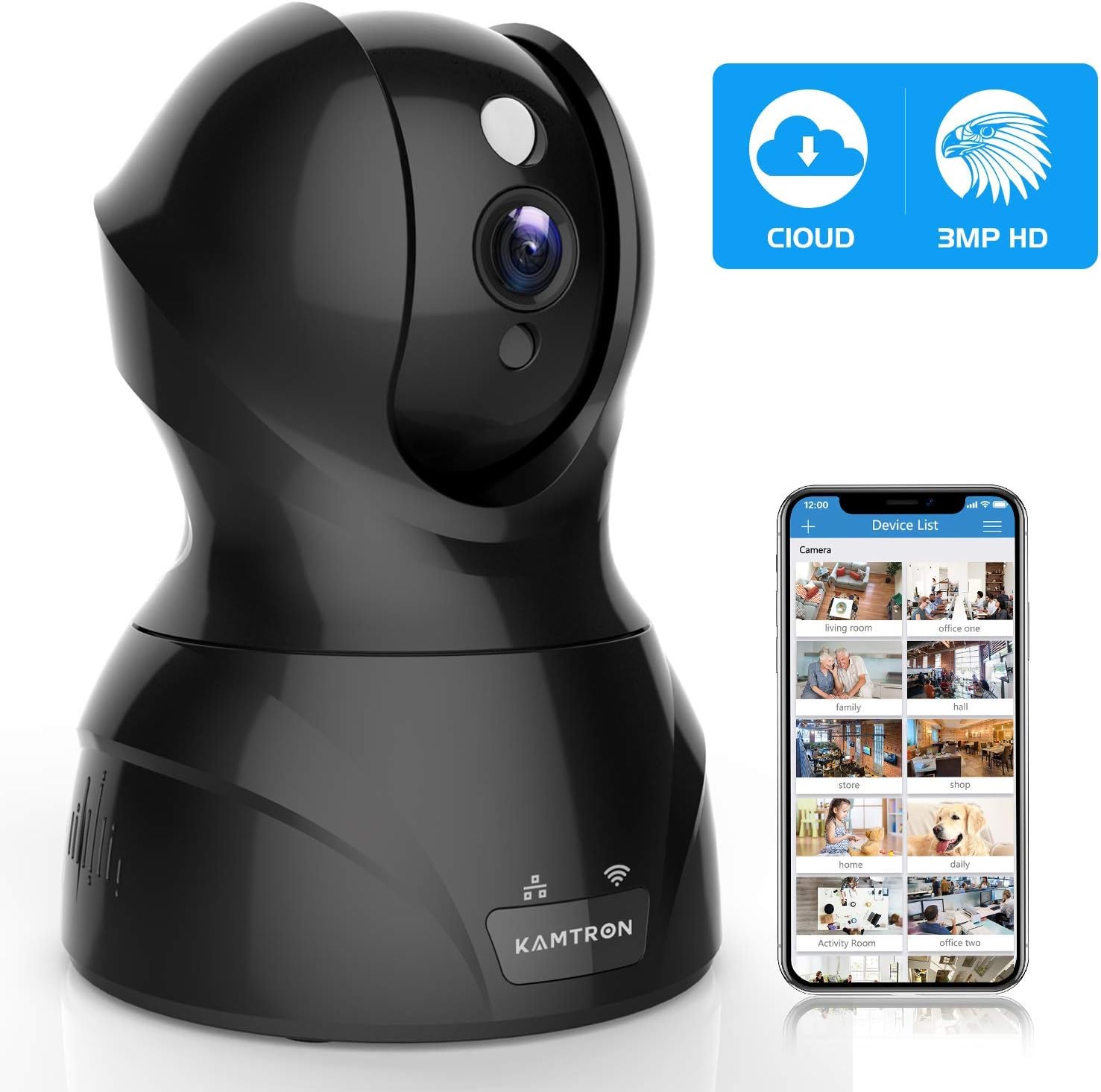 Security Camera Pet WiFi Camera - KAMTRON 1536P Indoor Wireless IP Camera Full HD 3MP Home Video Surveillance System with IR Night Vision, Motion Detection and Two-Way Audio - Cloud Storage
