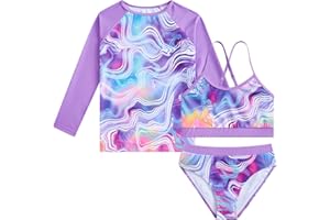 Vogseek 7-13T Girls 3pcs Bikini Swimwear with Long Sleeve Rashguard Shirts Quick Dry Swimsuits UPF 50+ Bathing Suits