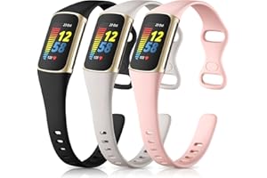 Maledan Slim Band Compatible with Fitbit Charge 5 Bands/Charge 6 Bands Women Men, Soft Silicone Adjustable Sport Band Wristbands for Fitbit Charge 5/Charge 6 Fitness Tracker, 3 Pack Black/Gray/Pink
