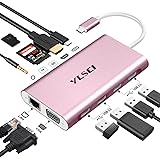 YLSCI USB C HUB, 11 in 1 Docking Station USB C Adapter, 2 x USB 2.0, 2 x USB 3.0, USB C, HDMI, VGA, RJ45, SD/TF Karteleser un