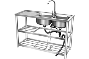 OUKANING Commercial Restaurant Sink, 304 Stainless Steel Utility Sink Free-standing Kitchen Sink, Double Bowl Kitchen Sinks with Faucet &Strainer, Stainless Steel Freestanding Kitchen Sink