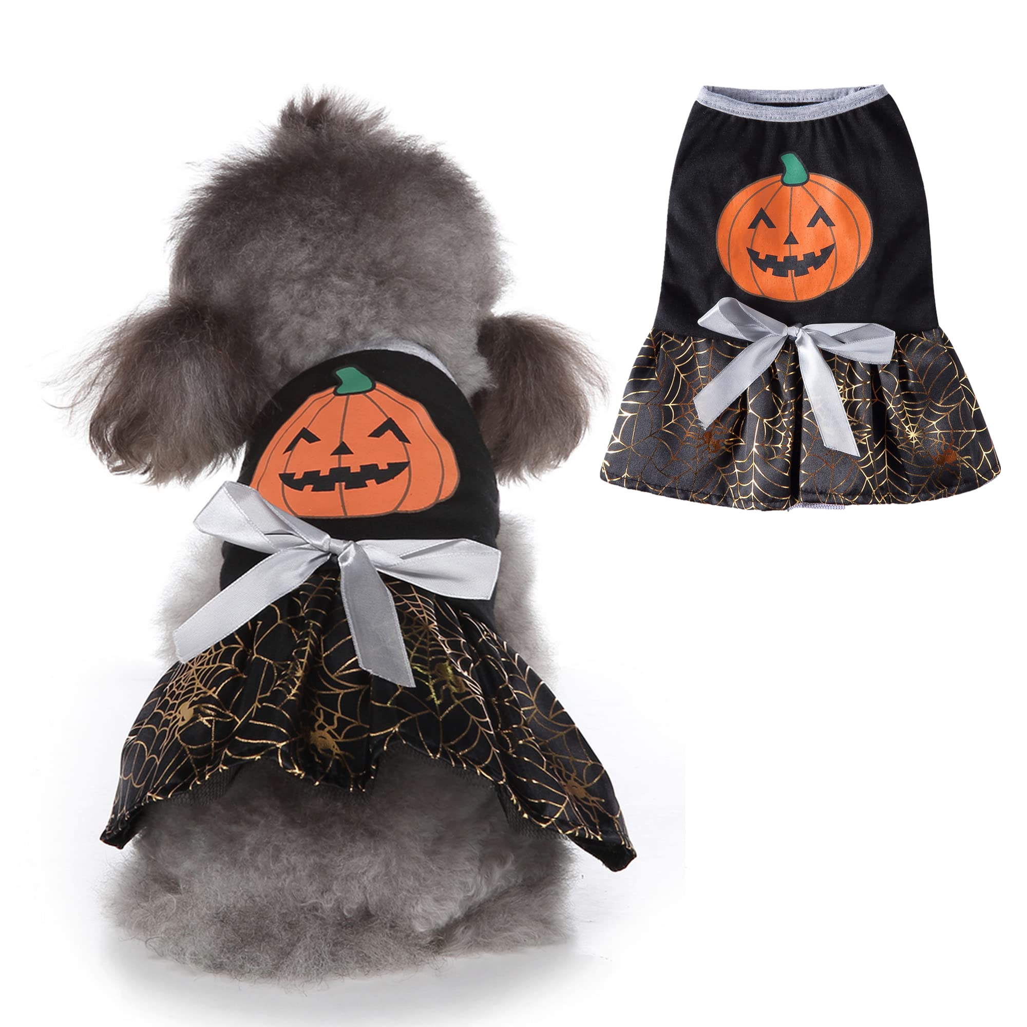 Yoption Halloween Dog Cat Costumes Pumpkin Spider Web Dress, Pet Party Outfits Cosplay Hoodie Funny Puppy Cats Skirt (M)