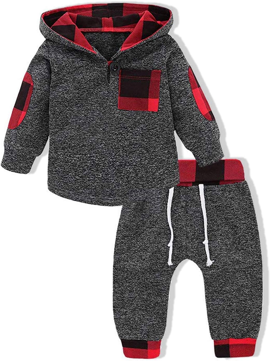 Toddler Infant Baby Boys Girls Stylish Plaid Floral Pocket Hooded Sweatshirt Coat, Kids Jackets Tops +Pants Outfit Sets