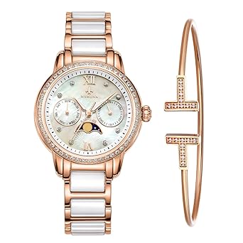 MAMONA Womens Rose Gold Chronograph Watch & Bracelet Set StainlessSteel/Ceramic with Calendar L58010RGGT