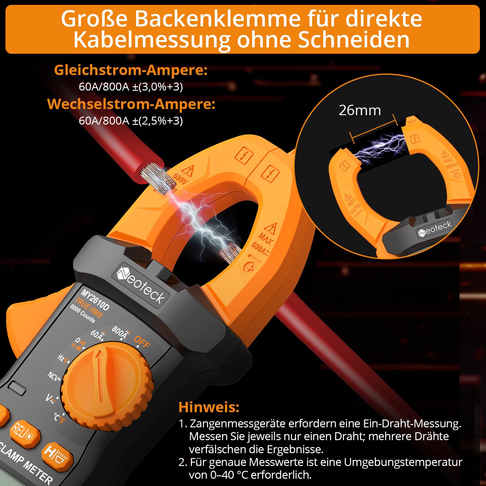 Neoteck Digitales Stromzangenmessgerät TRMS 6000 counts 800A AC/DC Strom AC/DC Spannung NCV Durchgang Kapazität Widerstand Frequenz Diode Test 3