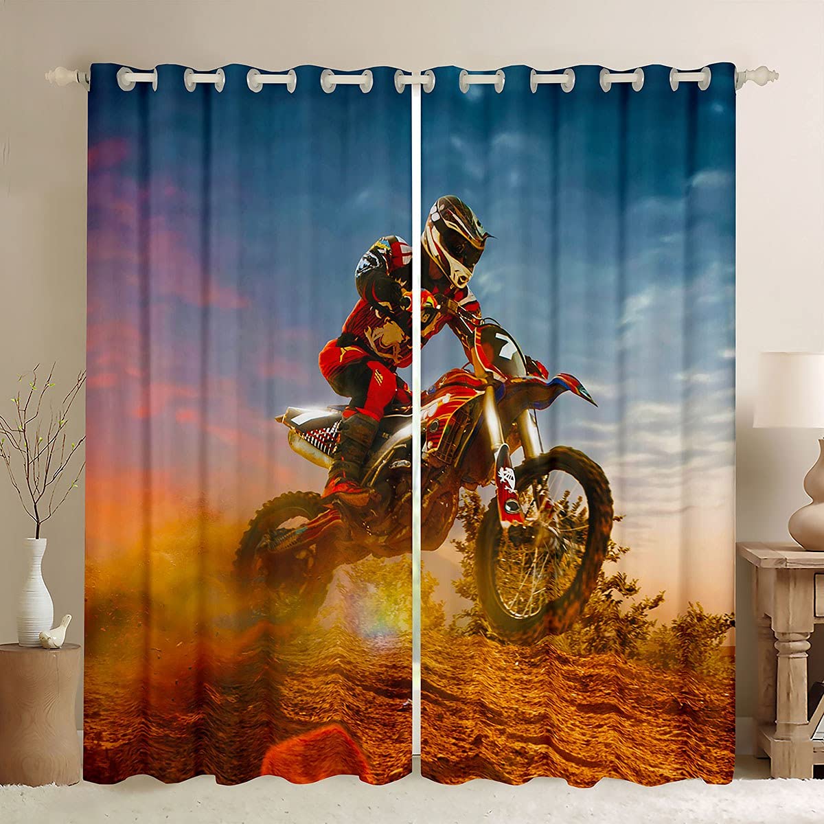 3D Dirt Bike Room Darkening Curtain Motocross Racer Extreme Sports Curtain for Bedroom for Kids Boys Teens Racing Motorcycle Thermal Curtain Motorbike Bedspread W46*L72 — image 1