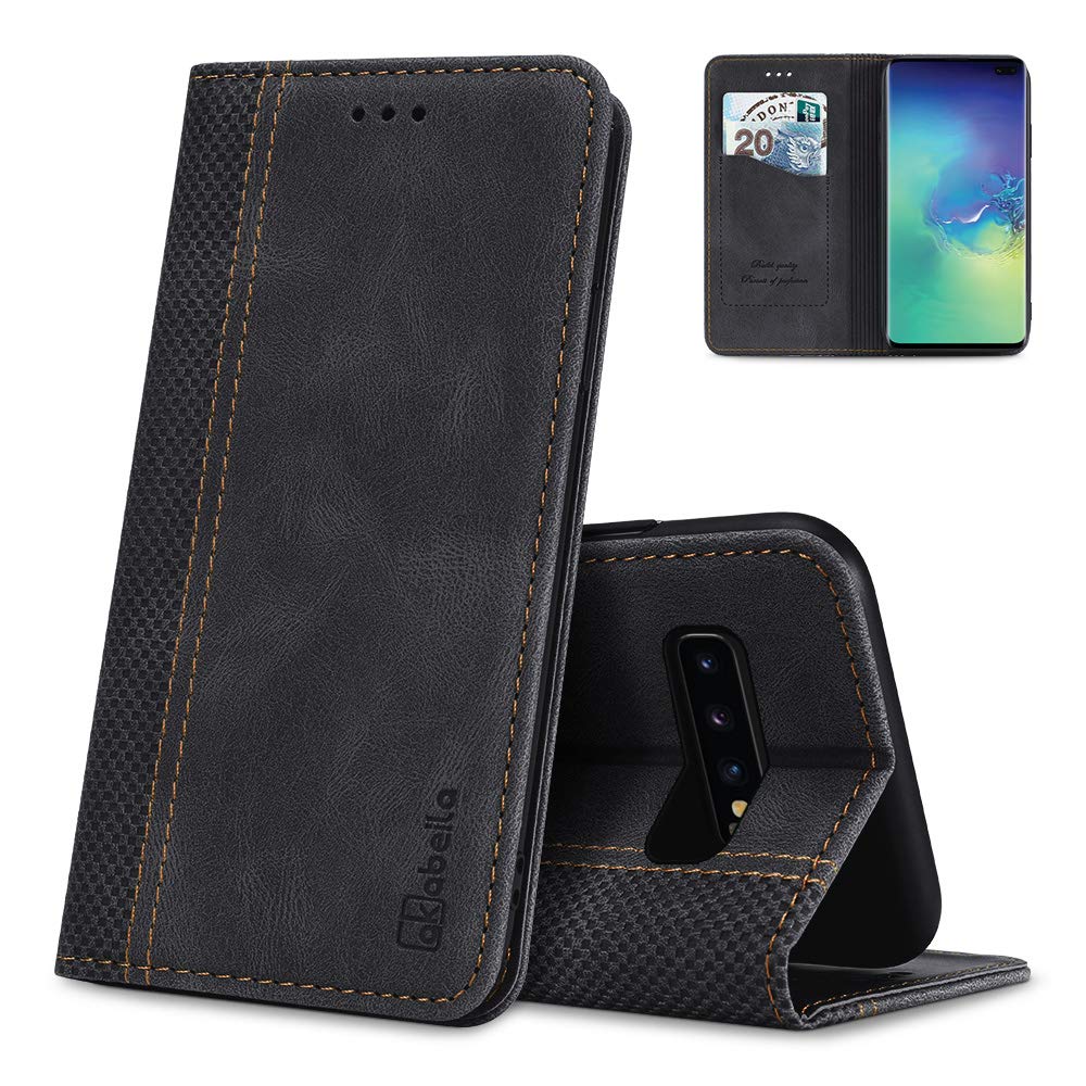 AKABEILA Case for Samsung Galaxy S10 Plus(S10+) Premium Leather Flip Wallet Case with Magnetic Closure Kickstand Card Slots Folio Phone Case Cover Shockproof Black