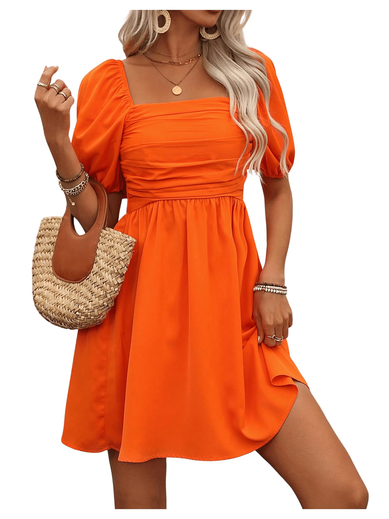 Photo 1 of Floerns Women's Puff Short Sleeve Boho Dress Square Neck Summer A Line Dresses Orange Small