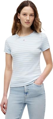 Damen T-Shirt Kurzarm Essential Rib Slim Fit, Blau (Kingly Blue/Stripe), XL