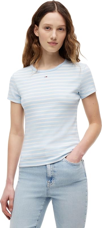 Damen T-Shirt Kurzarm Essential Rib Slim Fit, Blau (Kingly Blue/Stripe), XL