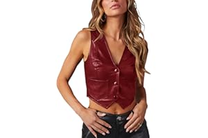 Fallorchid Women's Button Up Sleeveless Vest Crop Tops Sexy V Neck Faux Leather Jacket Waistcoat