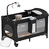 Large Pack and Play, Baby Bed Portable Crib with Diaper Changing Table Mattress Hanging Toys & Decor, Travel Bassinet Bedside Sleeper Playard from Newborn to Toddlers