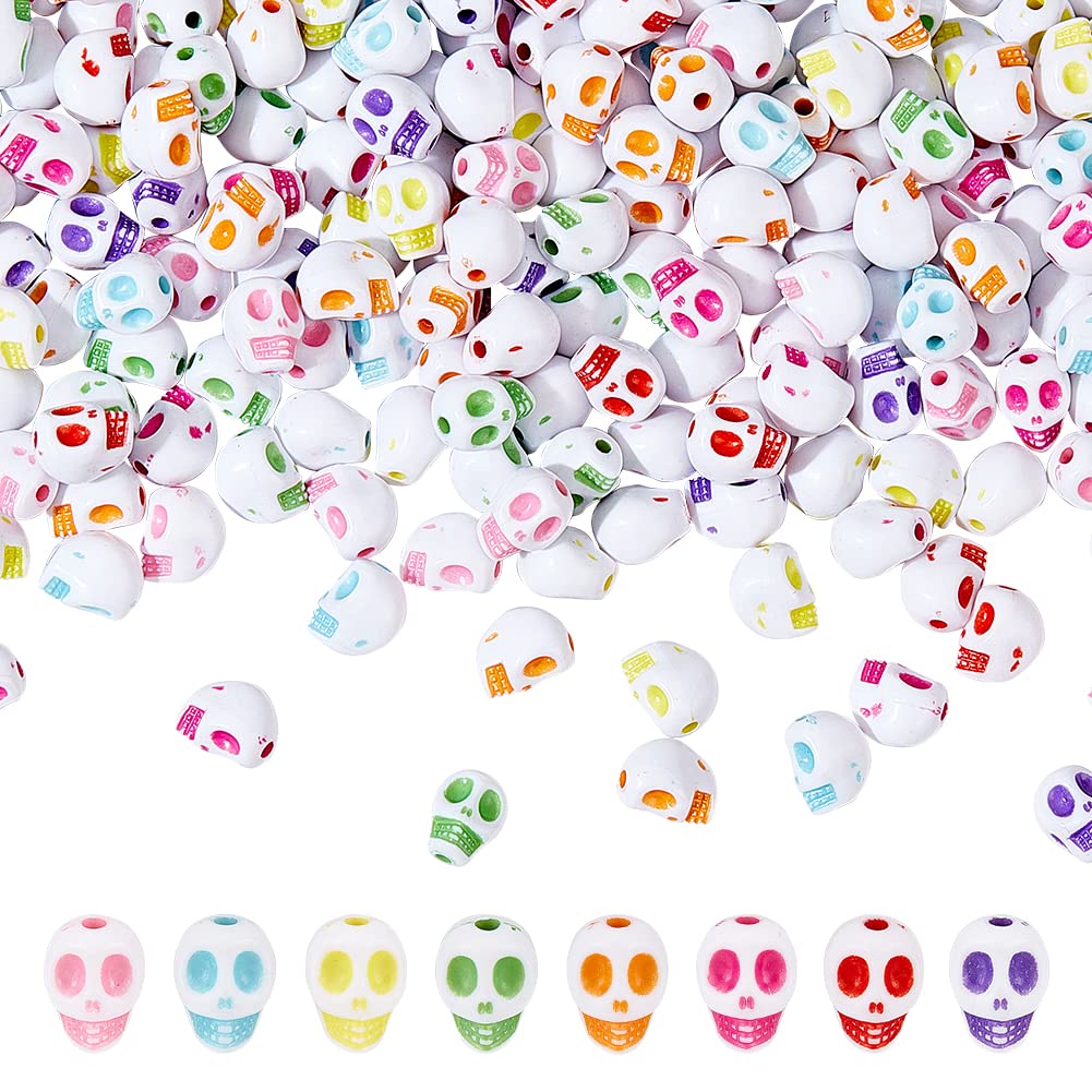 arricraft 555 Pcs Halloween Skull Beads, Colorful Resin Spooky Charms Pendants Skull Halloween Head Beads with Hole for Bracelet Necklace Jewelry DIY Craft Making — image 1