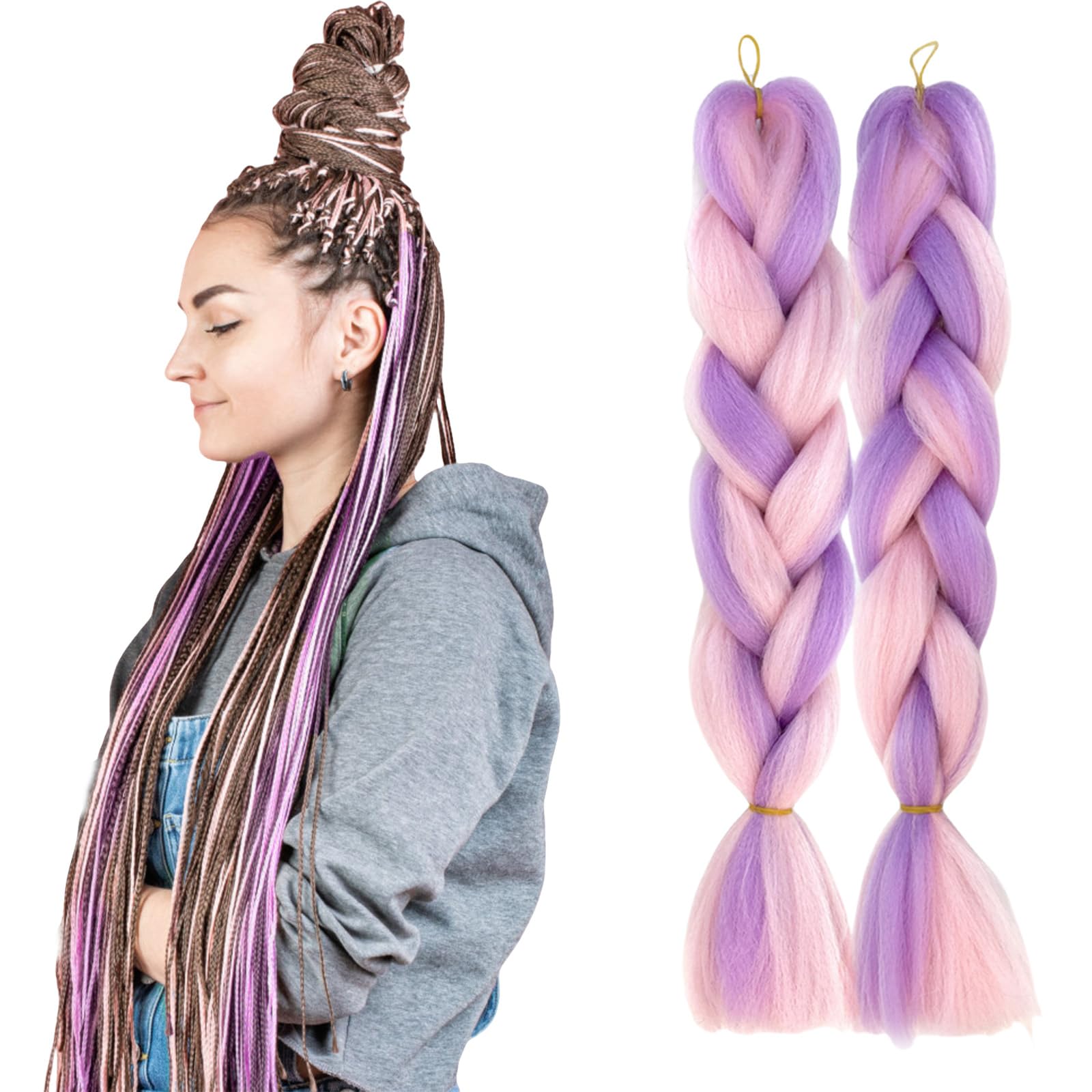 Hair Braids Extensions 2 Tone Synthetic Braid Hair Extension 2pc 24 inches Purple to Light Pink 1520