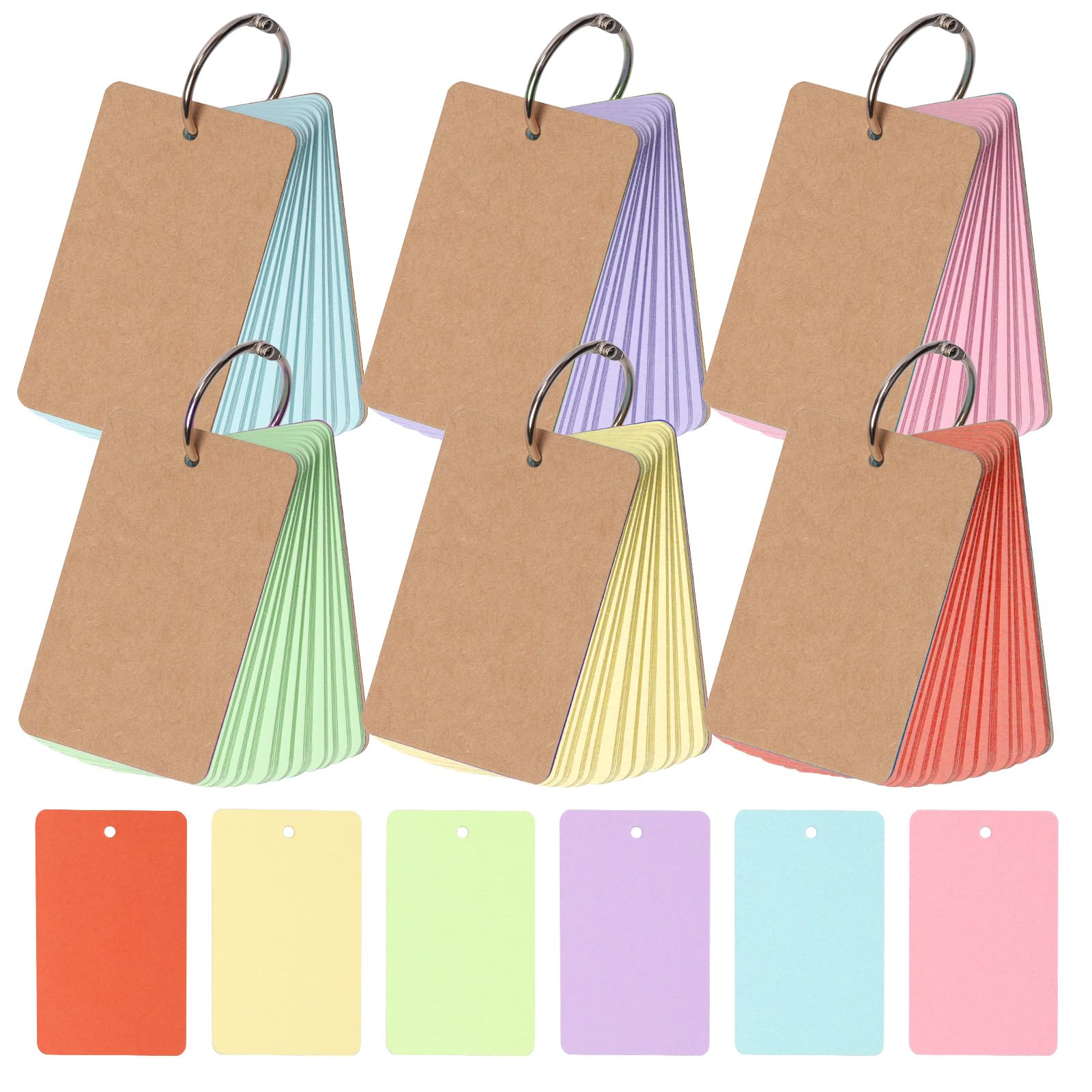 Tanstic 600Pcs Index Cards, 2.12 x 3.54 Inch 6 Colors Colored Flash Cards with Ring, Punched Note Cards Flashcards Index Cards Notecards for School Office Studying, Learning, Memory
