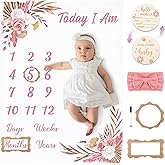 GGSTDDUP Floral Baby Milestone Blanket for Girls, Boho Baby Monthly Milestone Blanket Growth Photo Blankets with Bow Headband, Frames, Wooden Signs
